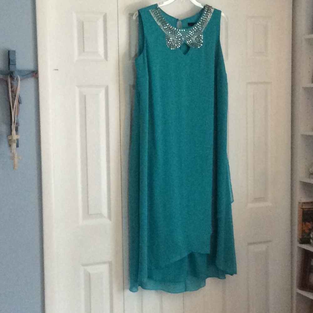Turquoise crinkle crepe sleeveless dress